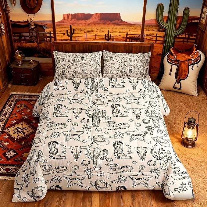 Western Cowboy Kids Comforter Set Queen Size,Cow Skull Horseshoe Cactus Rustic Bedding Set,Boys Girls Adults Bedroom Decor,Cowboy Boot Hat Farmhouse Down Comforter,Retro Duvet Insert,2 Pillowcases - Image 2