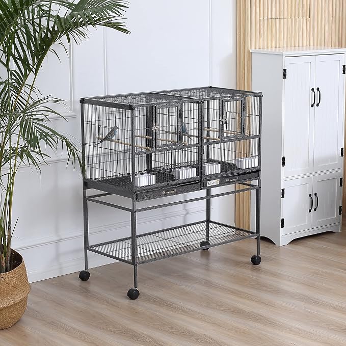 PawHut Divided Breeder Bird Cage with Rolling Stand Removable Metal Tray, Storage Shelf, Wood Perch, and Food Container | Storage Shelf, Wood Perch, Food Container - Image 2