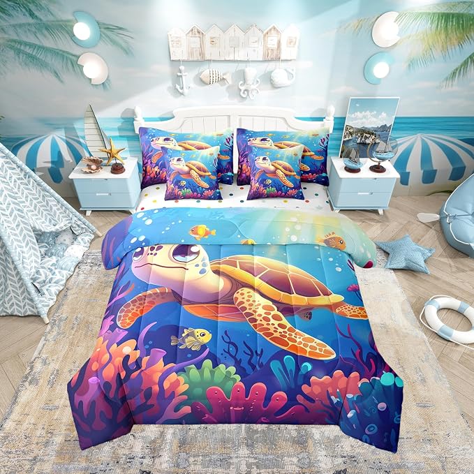 Erosebridal Turtle King Size Comforter Set with Sheets, Marine Life Bed in A Bag for Kids Teens Youth Adults Bedroom, Underwater World Sea Animal 7 Pcs Bedding Set, Colourful Coral Bed Sets by Erosebridal