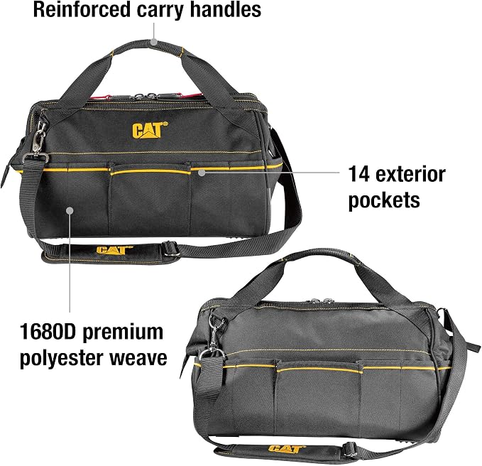 CAT 16-Inch Pro Wide Mouth Tool Bag, 14 Pockets for Tool Storage and Organization, Premium 1680D Water-Resistant Polyester Weave, Adjustable Shoulder Strap - 980206N - Image 2