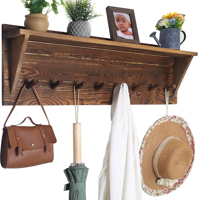 WEBI Coat Rack Wall Mount with Shelf,8 Peg Hooks,34" Long Rustic Entryway Wall Shelf with Hooks Underneath for Hanging Coats,Clothes,Bathroom,Rustic Brown by WEBI