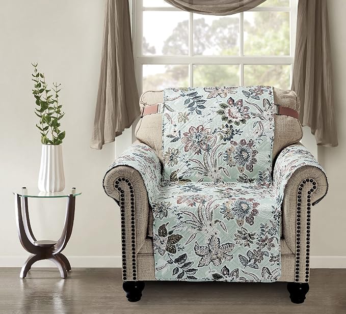 Brilliant Sunshine Green Vintage Flowers Couch Armchair Cover, 23" seat | Non Slip Sofa Cover, Quilted Furniture Protector, Washable Chair Slipcover for Pets, Dogs & Cats by BrilliantSunshine