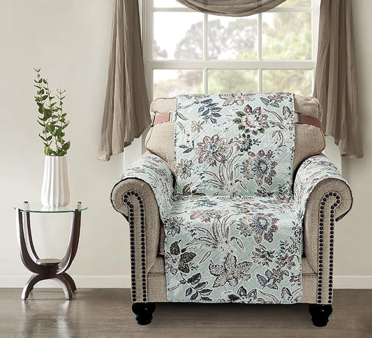 Brilliant Sunshine Green Vintage Flowers Couch Armchair Cover, 23" seat | Non Slip Sofa Cover, Quilted Furniture Protector, Washable Chair Slipcover for Pets, Dogs & Cats by BrilliantSunshine