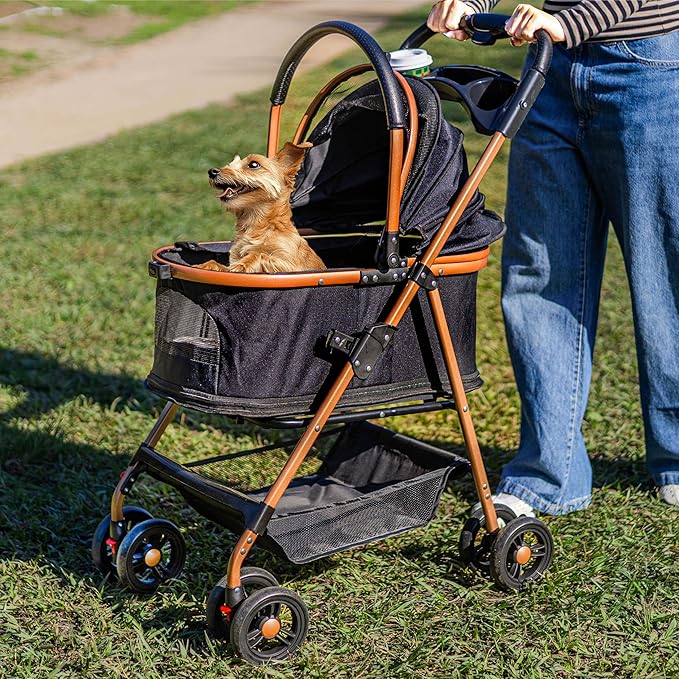 Pet Stroller for Small Dogs & Cats, Foldable for Small/Medium Dog Cat to 50 lbs, Removable Carrier, Storage Basket, Cup Holder, 3-in-1 Multifunctional Detachable (Black)
