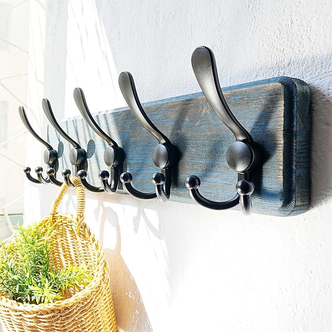 Dseap Coat Rack Wall Mount - Heavy-Duty Robust Barnwood-Style Wooden Wall Coat Hanger Hook Rail with 5 Triple Hooks for Winter Coats Hat Jacket Clothing, Weathered Blue & Black, Pack of 2 - Image 5