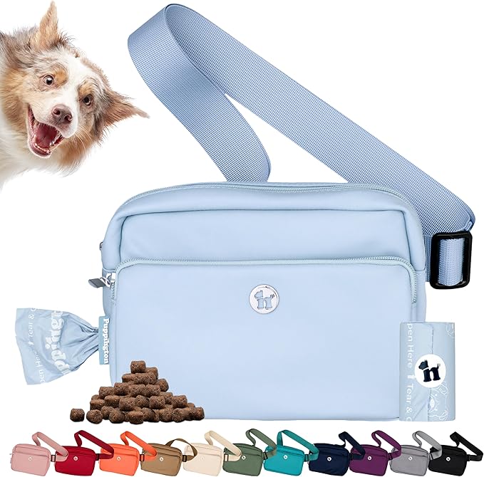 Puppington 3-in-1 Crossbody Dog Walking Bag & Treat Pouch with Matching Planet Safe Poop Bags & Built-In Dispenser - Dog Mom Gift for Puppy Training with Zippered Pockets (Ice Blue) by Puppington
