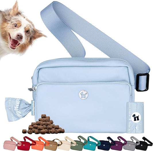 Puppington 3-in-1 Crossbody Dog Walking Bag & Treat Pouch with Matching Planet Safe Poop Bags & Built-In Dispenser - Dog Mom Gift for Puppy Training with Zippered Pockets (Ice Blue) by Puppington