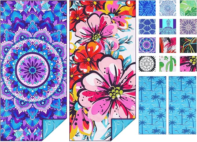 TwoYek Microfiber Beach Towel Extra Large 71x32 Mandala Floral 2 Pack | Thin & Lightweight, Sand Free, Super Absorbent & Quick Dry, Oversized Towels for Beach Bath Pool Swim Travel Essentials Gift by TwoYek