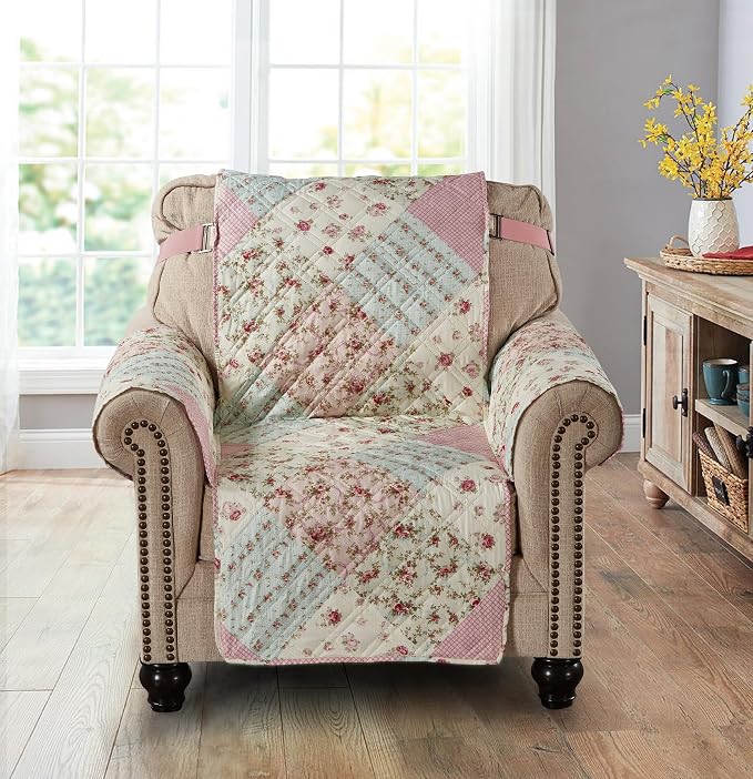 Brilliant Sunshine Pink & Green Roses Couch Armchair Cover, 23" seat | Non Slip Sofa Cover, Patchwork Design, Quilted Furniture Protector, Washable Chair Slipcover for Pets, Dogs & Cats - Image 2