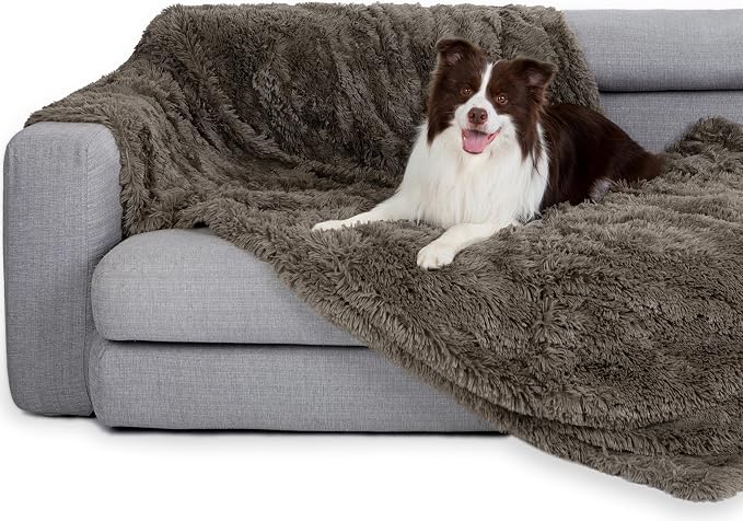 gogobunny Waterproof Dog Blanket for Couch & Furniture Protection - Super Soft Reversible Throw for Large Dogs & Cats, Calming Washable Fur & Sherpa Pet Blanket (50x60 Inch, Stone) by gogobunny