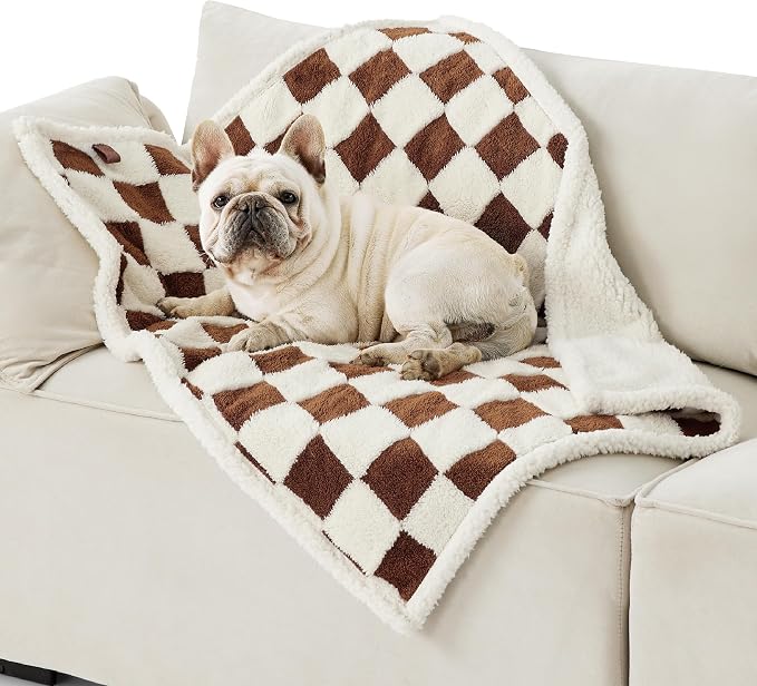 LE SURE Waterproof Dog Blankets for Medium Dogs Cute 3D Jacquard,30x40 | Puppy Blanket for Cat Aesthetic Gift, Warm Soft Sherpa Throw Washable, Reversible Pet Couch Protector, Brown Checks by Lesure