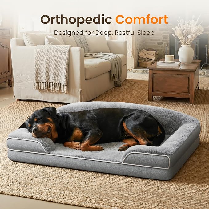 Orthopedic Dog Bed for Giant Breeds, 48"x35" XXL Large Dog Sofa Bed | Egg Crate Foam for Pressure Relief, Cozy Bolster Sofa Design, Waterproof Removable Washable Cover, Non Slip Bottom Light Grey - Image 2