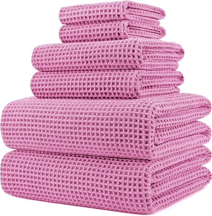 POLYTE 430 GSM Microfiber Quick Dry Lint Free Oversize Bath Towel Set, 6 Piece (Waffle Weave) by Polyte