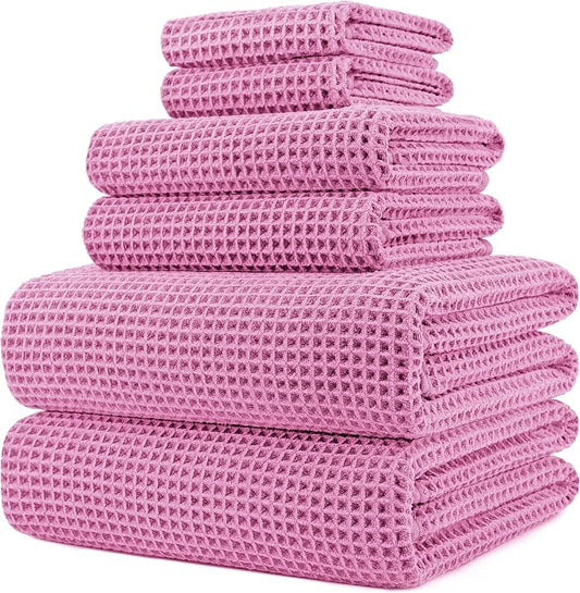 POLYTE 430 GSM Microfiber Quick Dry Lint Free Oversize Bath Towel Set, 6 Piece (Waffle Weave) by Polyte