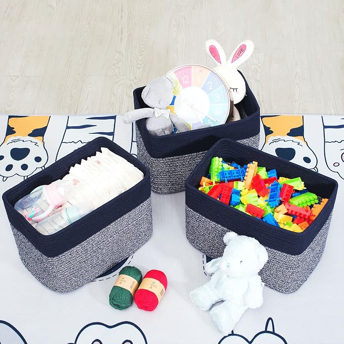 MINTWOOD Design 3-Pack Storage Baskets for Shelves, Playroom and Classroom, Book Basket, Decorative Storage Cube Bins, Woven Closet Organizers, Pantry and Shoe Organizer, Navy Blue - Image 5