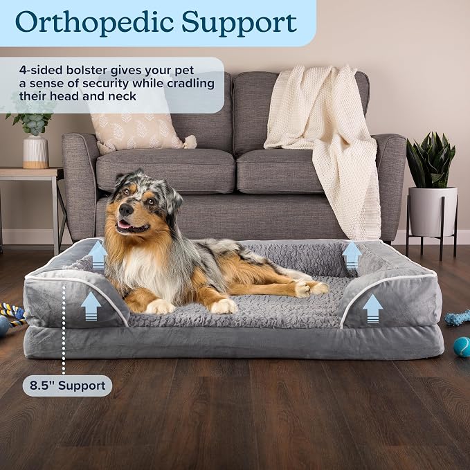 PETMAKER Orthopedic Dog Bed - 42in Dog Couch Bed with Supportive Wraparound Bolster and Removable Washable Cover - Egg-Crate Foam Extra Large Dog Bed for Pets up to 65lbs - Dog Products (Gray) - Image 2