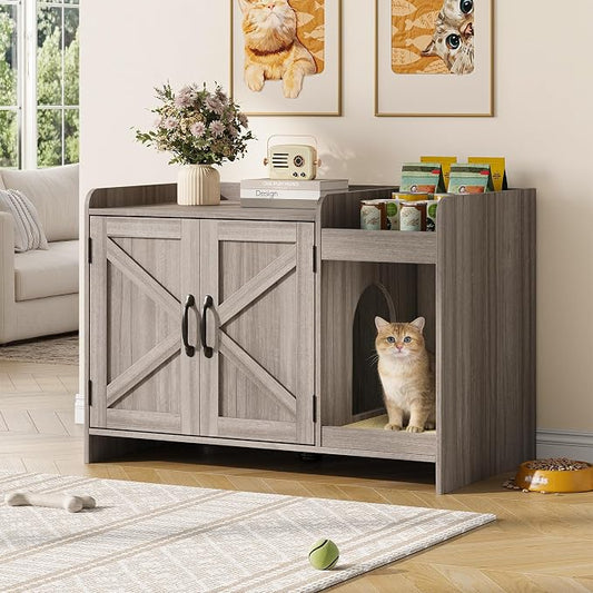 Halitaa Cat Litter Box Enclosure, Hidden Litter Box Furniture with Scratch Pad and Storage, Modern Indoor Cat House with Divider, Side End Table, Grey by Halitaa
