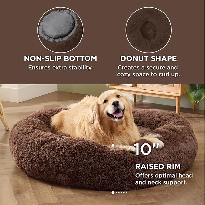 Bedsure Calming XL Dog Bed Donut Washable Extra Large Pet Bed,45ins Coffee | Fluffy Faux Fur Round Cuddler,Machine Washable,Anti-Slip Bottom,Anti-Anxiety,Deep Sleeping for Pets Up to 120 Lbs - Image 3
