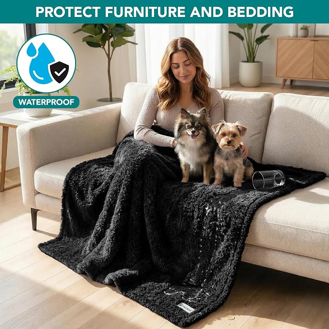 PetAmi Fluffy Waterproof Dog Blanket for Couch and Bed, Reversible Sherpa Pet Throw, Pee Proof Furniture Protector Sofa Cover, Washable Cat Blanket for Medium Large Dogs and Cats (Black, 40x60) - Image 2