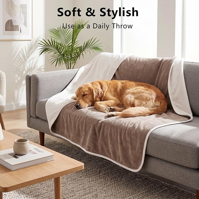 Waterproof Blanket - Reversible Dog Throw as Furniture Protector | Soft Velvet & Flannel, TPU Leak-Proof Liner, Machine Washable, Fits Couch and Bed, 82" x 108", Beige/Khaki - Image 4