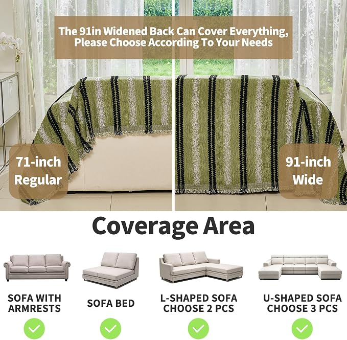 VANJOROY Couch Cover for 3 Cushion,Washable Couch Covers for Dogs Pets, Sofa Slipcovers Sectional Sofa L-Shape, Chenille Couch Cover for Sofa Cover Furniture Protector with Tassel,71"x 134" Green - Image 2