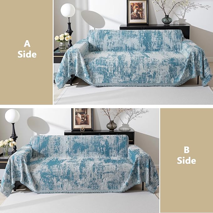 MEETSKY Boho Couch Cover for 2 Cushion Couch Sofa, Chenille Sofa Cover for Sectional Sofa, Modern Khaki Abstract Jacquard Sofa Covers Washable Sofa Slipcover for Pets Friendly, 91" X118",Blue - Image 5