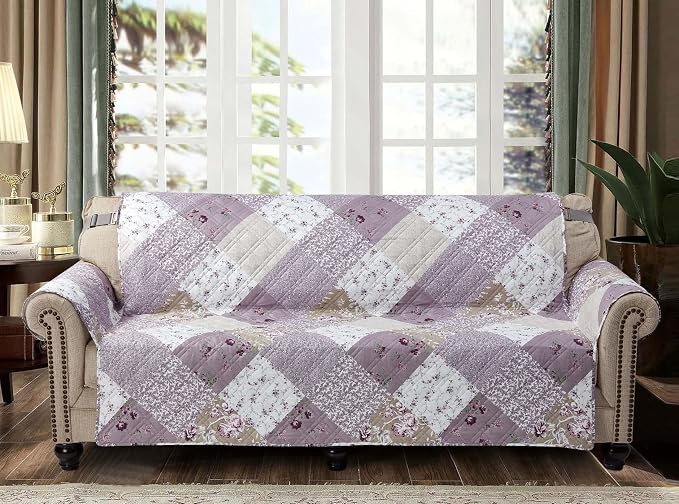 Brilliant Sunshine Lilac & Beige Roses Couch Cover, 70" seat | Non Slip Sofa Cover, Patchwork Design, Quilted Furniture Protector, Large Washable Slipcover for Pets, Dogs & Cats by BrilliantSunshine