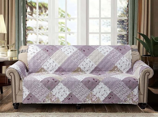 Brilliant Sunshine Lilac & Beige Roses Couch Cover, 70" seat | Non Slip Sofa Cover, Patchwork Design, Quilted Furniture Protector, Large Washable Slipcover for Pets, Dogs & Cats by BrilliantSunshine
