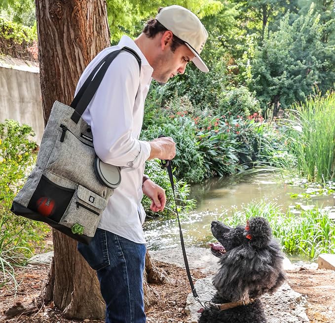 Cleverpup Park Pack 2-Piece Set Dog Gear Tote – Dog Travel Bag with 8 Pockets, Treat Pouch, Poop Bag Dispenser, Quick-Dry Ball Pocket, Collapsible Bowl, Perfect for Walks & Park Trips, Heather Grey - Image 3
