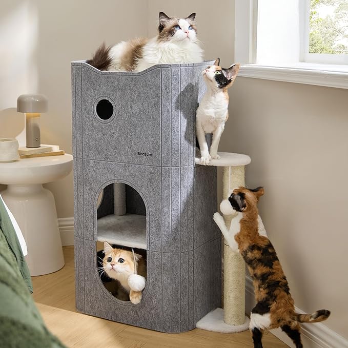 Bedsure 3-Level Cat Tree for Indoor Cats with Scratching Post,Grey | 22.5x31.5x13in,Cat Bed Condo for Multiple Pets with Fluffy Ball,Hideaway Cave for Kitten to Sleeping Play - Image 4