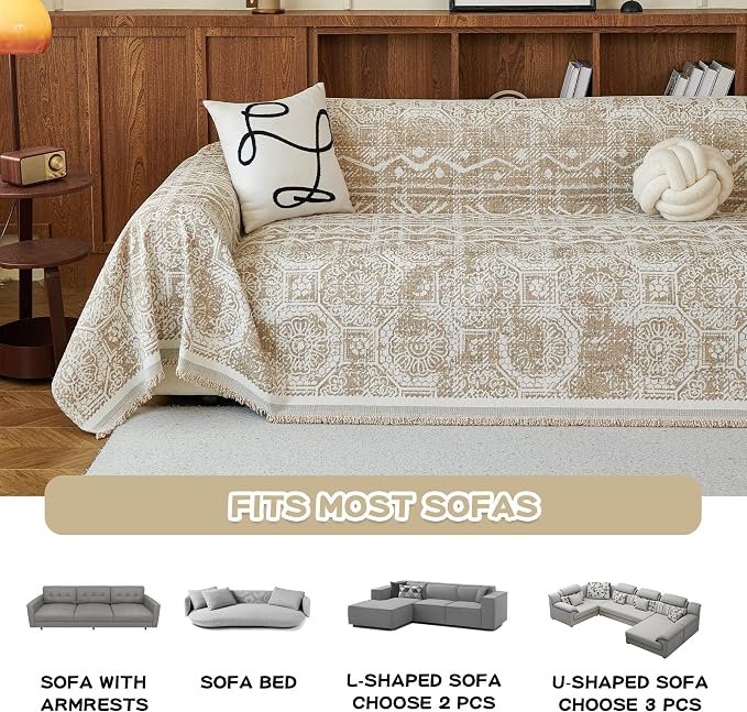 MEETSKY Boho Couch Cover Sofa Slipcover for Sectional Sofa Covers Protector Universal Use Chenille Blend Thick Fabric Washable, Modern Design Sofa Throw Cover for Living Room, 71" x 118", Khaki - Image 8