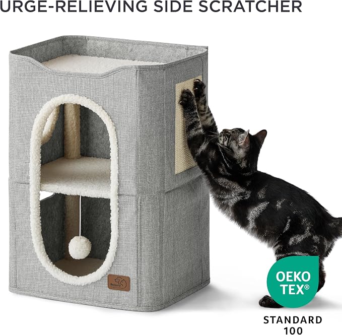 Bedsure 2 Story Cat House for Indoor Cats with Scratch Pad,18x14x23 Grey | Cat Bed Condo for Multiple Pets, With Fluffy Ball, Foldable Hideaway Pet Cave Cube for Sleeping Kitten - Image 2