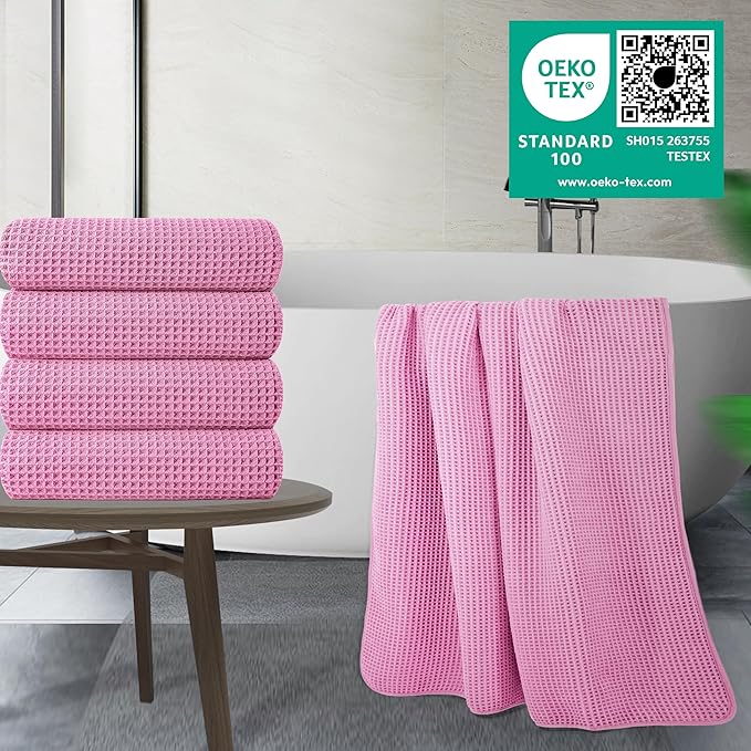 POLYTE 430 GSM Microfiber Oversize Quick Dry Lint Free Bath Towel, 60 x 30 in, 4 Pack (Waffle Weave) - Image 2