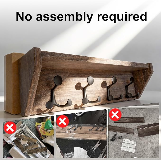 SKOLOO Wall Shelf with Hooks, 24-Inch, Weathered Brown | Coat Rack Wall Mount with Shelf, Heavy Duty, 4 Tri Hooks, Perfect for Entryway, Hallway, Living Room, Bedroom, Mudroom - Image 7