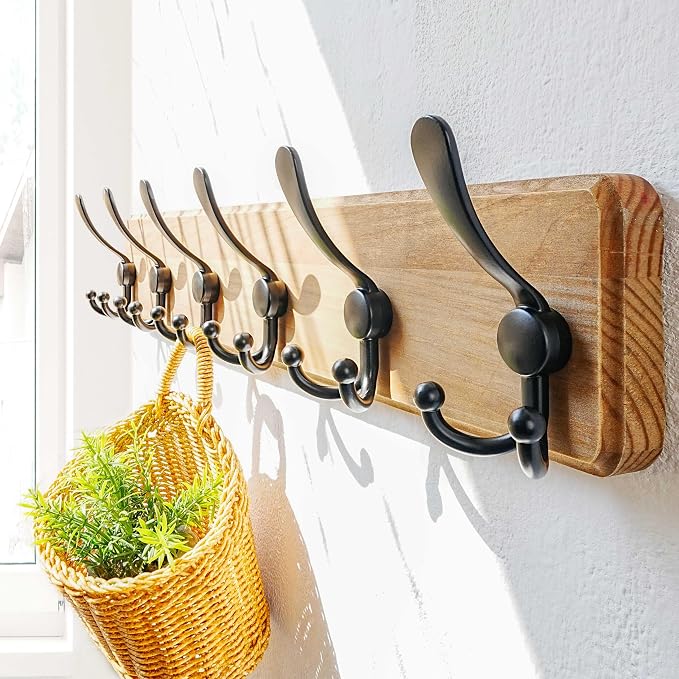 Dseap Coat Rack Wall Mounted - 24" Long 6 Tri Hooks, Heavy Duty Wooden Wall Coat Hanger Coat Hook for Clothes Hat Jacket Clothing, Weathered Brown and Black, Pack of 2 - Image 4