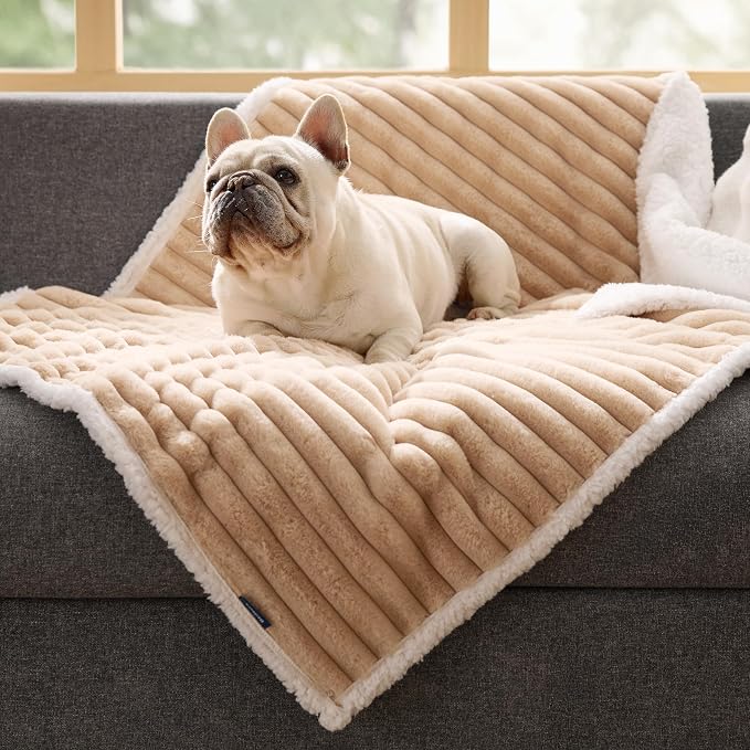 Bedsure ComfyFleece™ Waterproof Dog Blankets for Medium Dogs 30"x40" | Soft Plush Puppy Cat Blanket, Washable Corduroy Fleece,Cozy Calming Reversible Furniture Protector for Pet, Tuscan Beige - Image 8