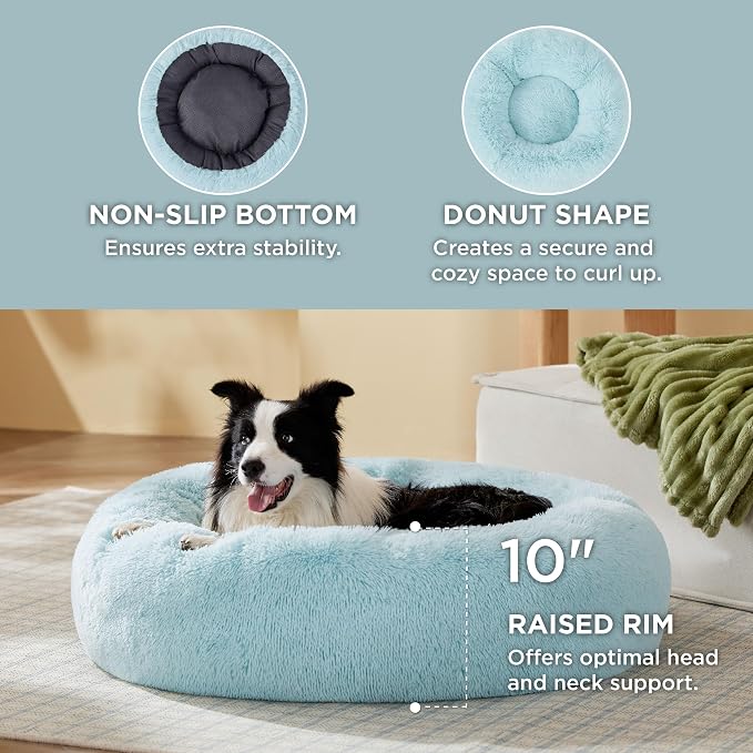 Bedsure Calming Dog Beds Large Sized Dog Donut Washable Pet Bed,36ins | Fluffy Faux Fur Round Cuddler,with Removable Washable Cover,Anti-Slip Bottom,Anti-Anxiety,for Pets Up to 80 Lbs,Aqua Blue - Image 2