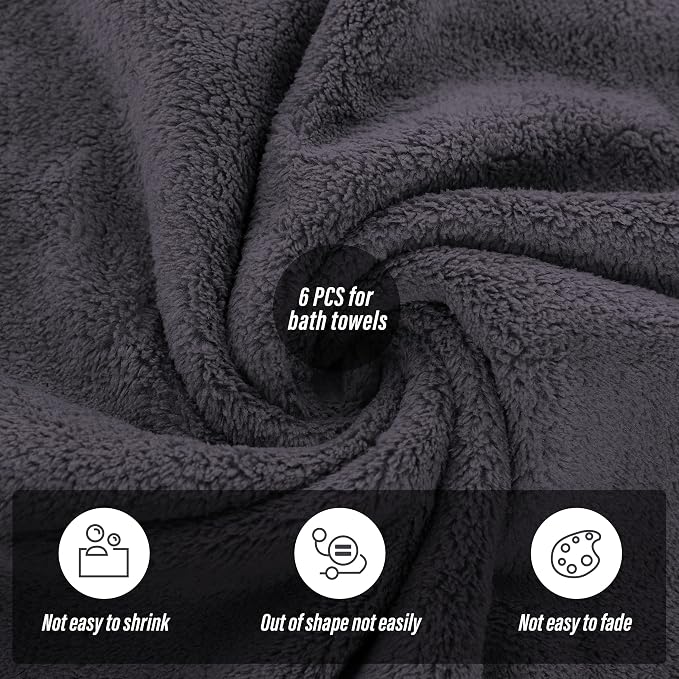 MOONQUEEN 6 Pack Premium Bath Towel Set - Quick Drying - Microfiber Coral Velvet Highly Absorbent Towels - Multipurpose Use as Bath Fitness, Bathroom, Shower, Sports, Yoga Towel (Dark Grey) - Image 4