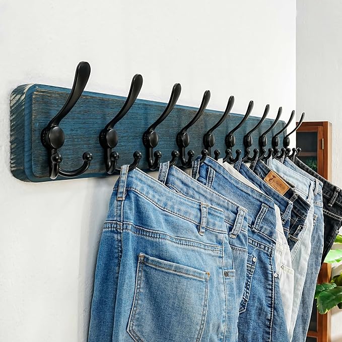 Dseap Coat Rack Wall - Heavy-Duty 38-1/4" Long, with Reinforced 10 Custom Tri-Hooks, Solid Wood Wall Hanger for Coats Hat Jackets - Rustic Farmhouse Entryway Hallway Storage, Weathered Blue & Black - Image 3