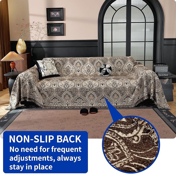 Vintage Couch Covers for Sofa Washable Sofa Covers for 3 Cushion Couch Non Slip Couch Covers for sectional Sofa Chenille Jacquard Furniture Protector for Dogs Pet Friendly Brown, 91"x134" - Image 2