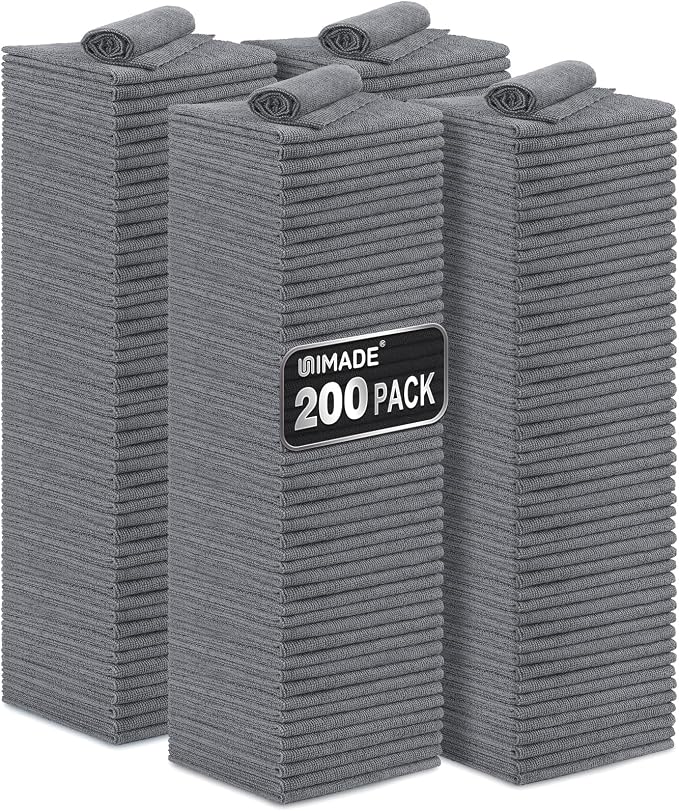 UNIMADE Microfiber Cleaning Cloth, 200 Pack Microfiber Towels for Cars | Reusable Shop Rags Bulk Lint Free Cleaning Towels for Car Kitchen Automotive Bar Mechanic Garage, 11.5"x 11.5", Grey by Unimade