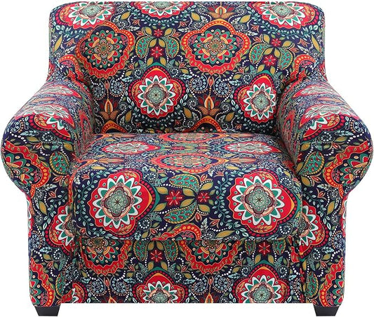 hyha Stretch Couch Covers, Chair/Sofa Covers, Armchair Slipcover for Dogs | Floral Pattern, Printed, 2 Pieces, Separate Couch Cushion Slipcover, Soft Chair Cover with Elastic Bottom for Pets (Armchair) by hyha