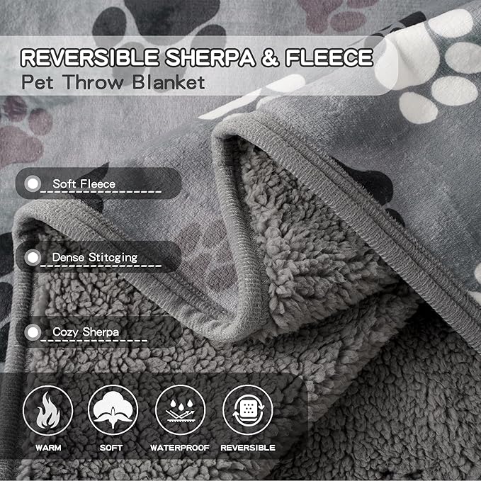 Waterproof Dog Blankets Pet Blanket 60"x80", Soft Fluffy Sofa Car Bed Protector, Reversible Sherpa Fleece Dog Blanket for Large Dogs(Dark Grey-Paws) - Image 4