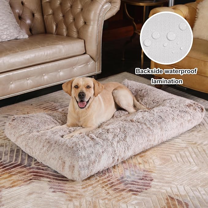 Bedfolks Plush Dog Crate Bed, Waterproof, Faux Fur, XXL, 47"x29", Brown - Image 2