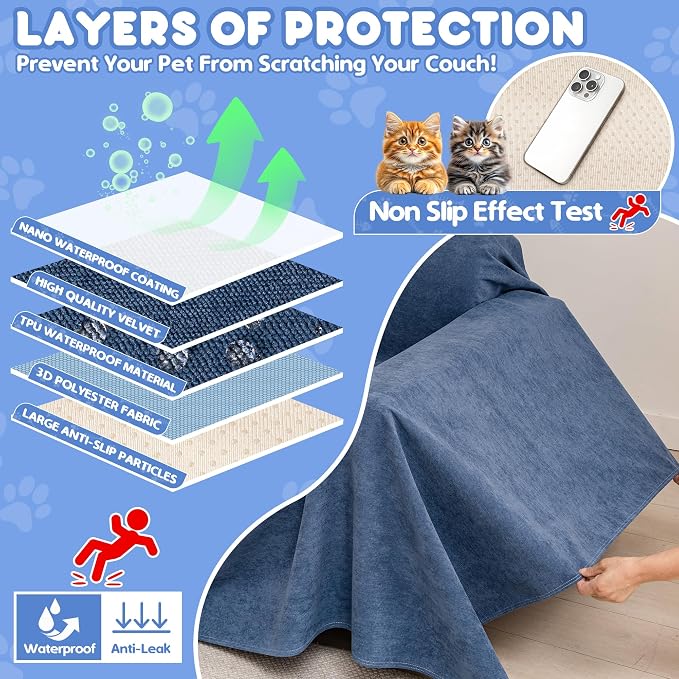 Cat Scratch Furniture Protector - Anti-Slip, Waterproof Sofa Cover to Keep Cats Off, Pet-Friendly Couch Protectors for 3 Cushion Couch, Anti-Scratch Couch Cover for Pets and Kids 134"X71"Navy Blue | Pet-Friendly Couch Protector, Anti-Scratch & Anti-Sli... - Image 5