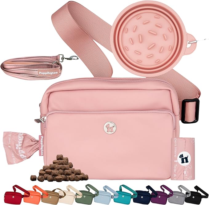 Puppington 3-in-1 Crossbody Dog Treat Pouch for Pet Training - Compostable Poop Bags, Built-In Poop Bag Dispenser, Slow-Feeding Travel Dog Bowl & Reflective Leash - Dog Walking Bag (Blush Pink) by Puppington