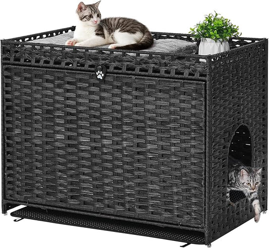 Cat Litter Box Enclosure with Door, Hidden Cat Washroom Furniture | Handwoven PP Wicker; Soft Litter Mat Included; Spacious Interior; Furniture-Style Design; Indoor Home Décor by Catlitterboxenclosure