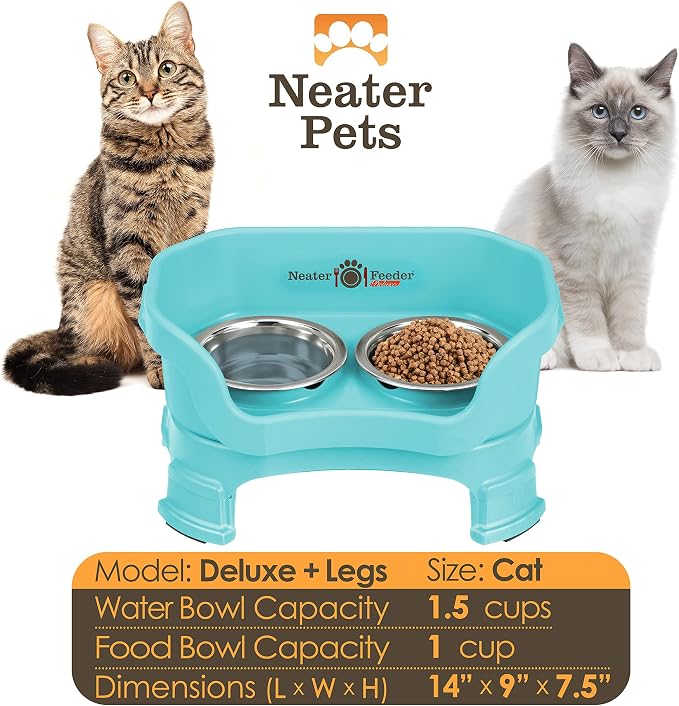 Neater Feeder Deluxe Mess-Proof Elevated Cat Bowls, 2 Height Adjustable (6” & 7.5”) No-Spill Raised Cat Bowl Stand, Whisker Friendly Stainless Steel Dishes for Indoor Cats, Made in USA, Aquamarine - Image 4