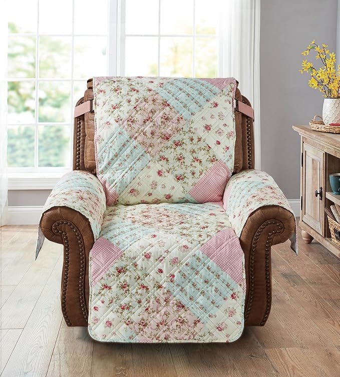 Brilliant Sunshine Pink & Green Roses Couch Recliner Cover, 28" seat | Non Slip Sofa Cover, Patchwork Design, Furniture Protector, Large Washable Reclining Chair Slipcover for Pets, Dogs & Cats - Image 2