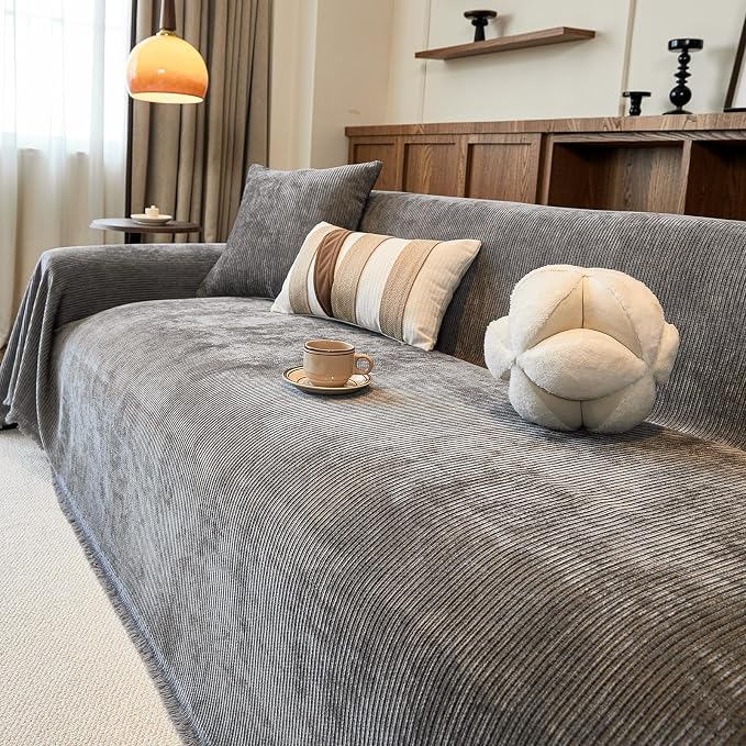 VClife Vintage Dark Gray Striped Couch Cover with Tassel, 71" X 150" | Soft Thick Chenille Couch Covers for 3 Cushion Couch Sofa, Washable Sofa Covers for Sectional Sofa, Fade & Shrink Resistant - Image 5